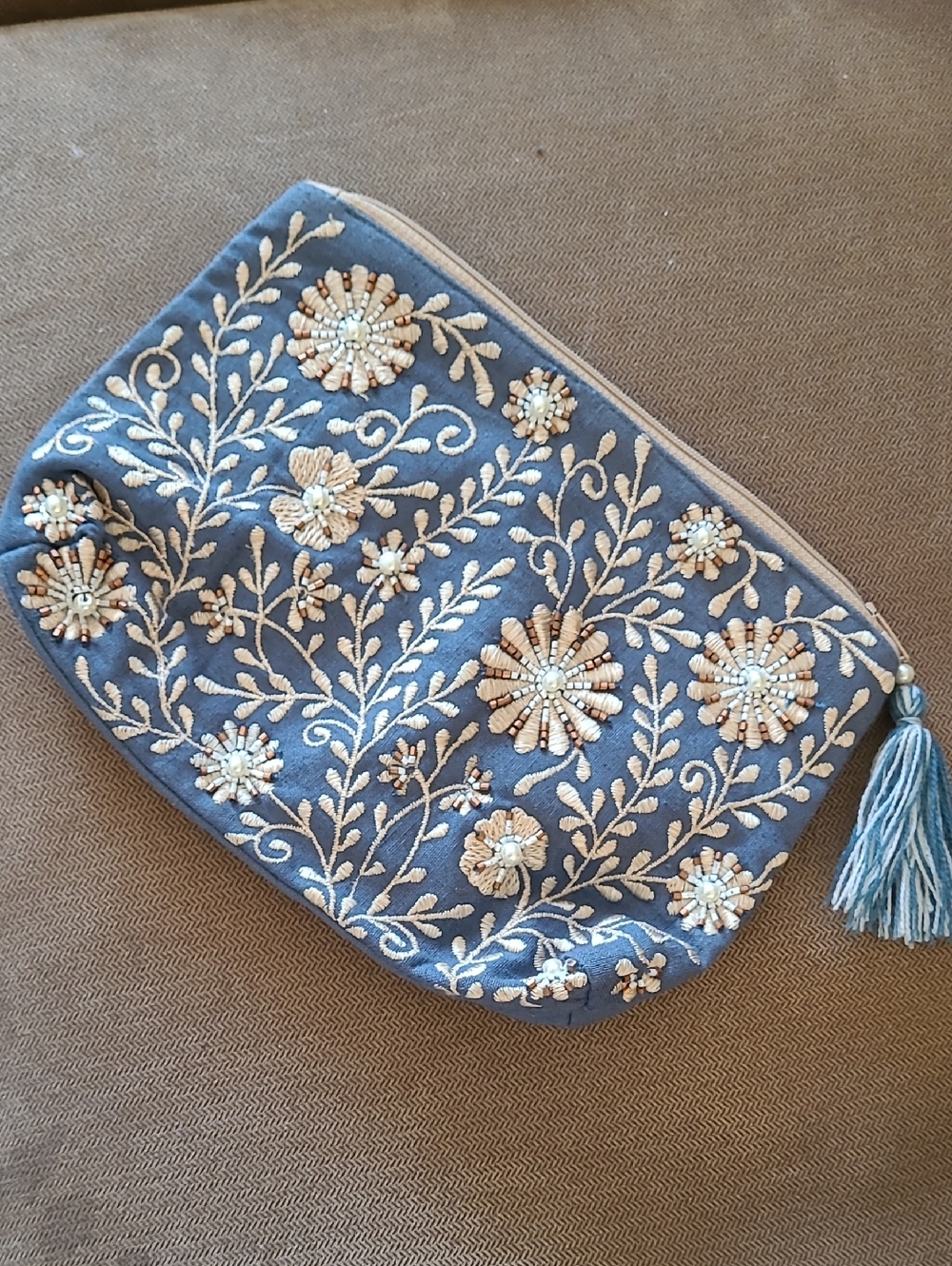 NWOT Embroidered, Beaded, Floral Clutch with Tassel